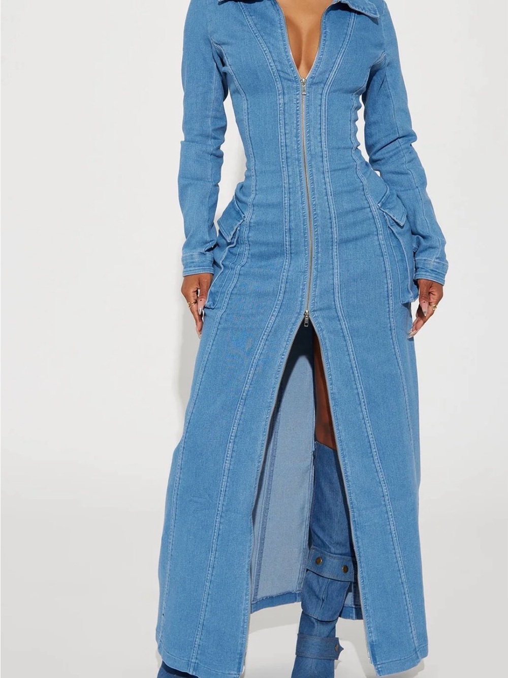 Fashion Nova Blue Denim Zip-Front Jean Dress